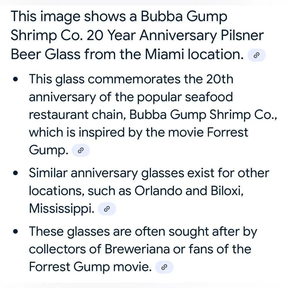 Bubba Gump Shrimp Co. Clear Glass Bar Accessory 20 Year Anniversary Miami 20 Oz